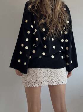 Vecceli Italy Black Sweater 3D White Polka Dots Pop Art Mod Chic Top Size S M